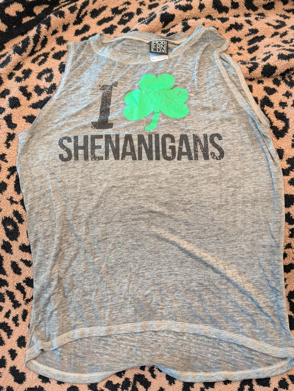 Modern Lux Gray Muscle Tee with Green Shamrock "I ♥ Shenanigans"